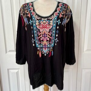 Heavily Embroidered 100% Rayon Black Tunic Top Size XXL
